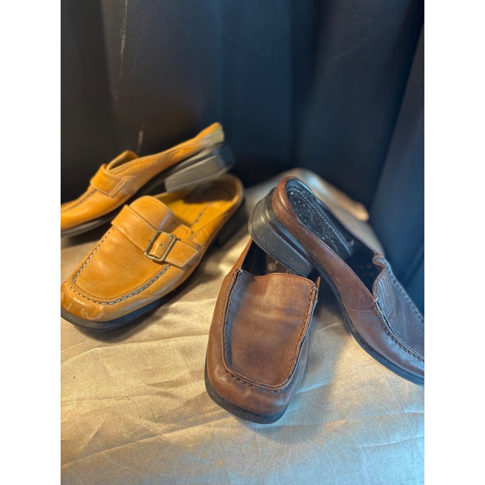 Thom McAn Leather Mule Loafer Bundle Tan Buckle Brown Square Toe Size 5 2 Pairs